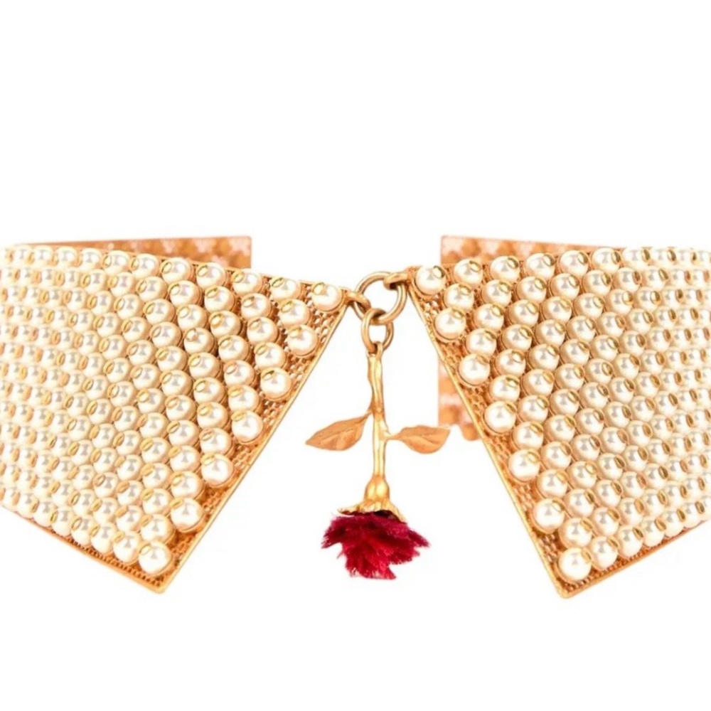 DIOR Gold Pearl-Embellished Collar Necklace with Red Flower Charm — RARE RUNWAY